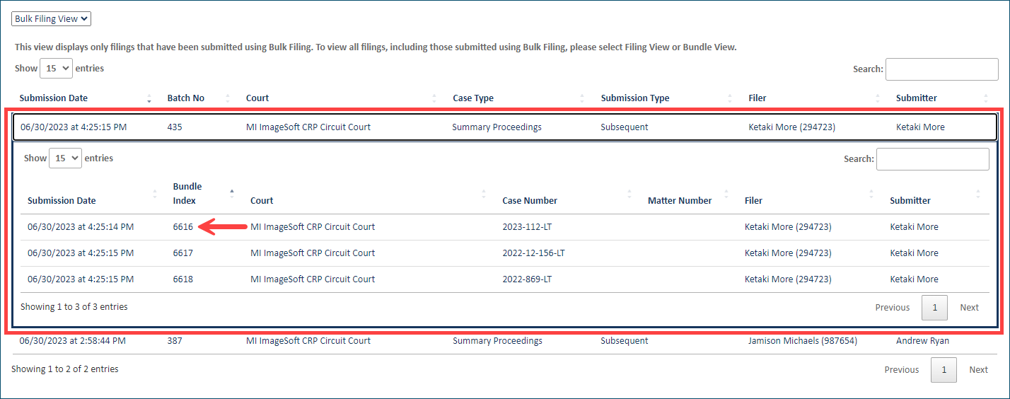 Click a batch to display its bundles History page - Bulk Filing View - batch expanded